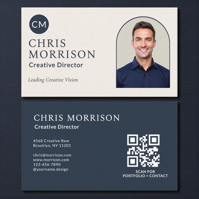 Carte De Visite Directeur de création Code QR photo Bleu marine (Créateur téléchargé)