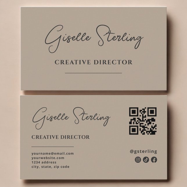 Carte De Visite Directeur de création Code QR Script Taupe Neutre (Créateur téléchargé)