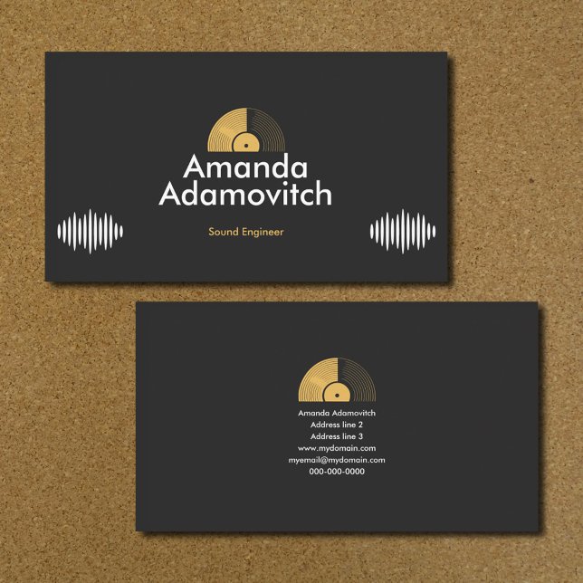 Carte De Visite Disque vinyle doré et ondes sonores (Gold Vinyl Record & Sound Waves Business Card)