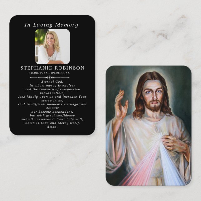 Carte De Visite Divine Mercy Catholic Funeral Black Prayer Card (Devant / Derrière)