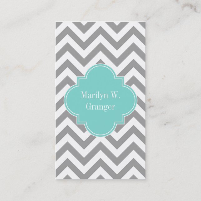 Carte De Visite Dk Gris Blanc LG Chevron Turquoise Monogramme Nom (Dos)