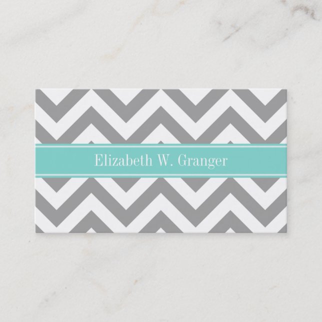 Carte De Visite Dk Gris Blanc LG Chevron Turquoise Monogramme Nom (Devant)