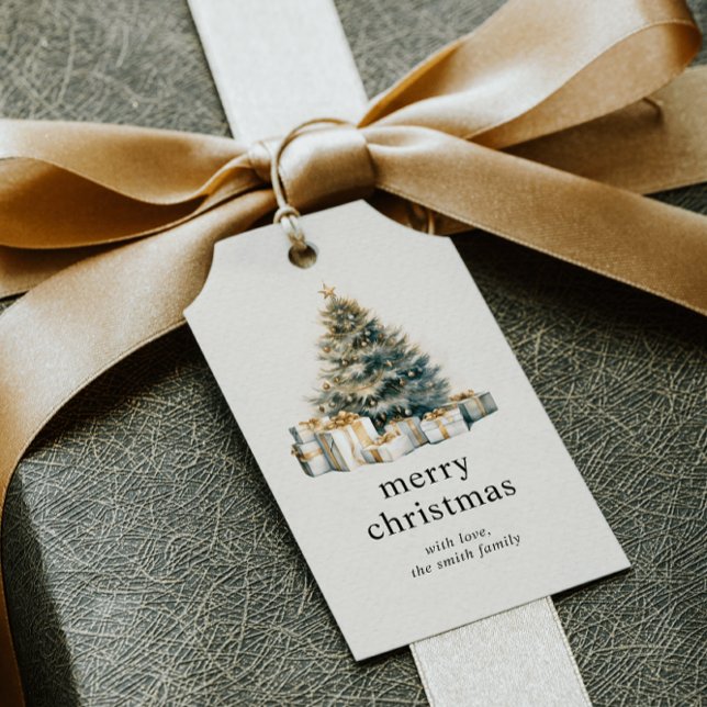 Carte De Visite do-it-yourself COULEUR D'EAU NOËL ARBRE DE VACANCE (ELEGANT WATERCOLOR CHRISTMAS TREE WITH PRESENTS GOLD WHITE GREEN DIY CHEAP FAMILY NAME CUSTOM )