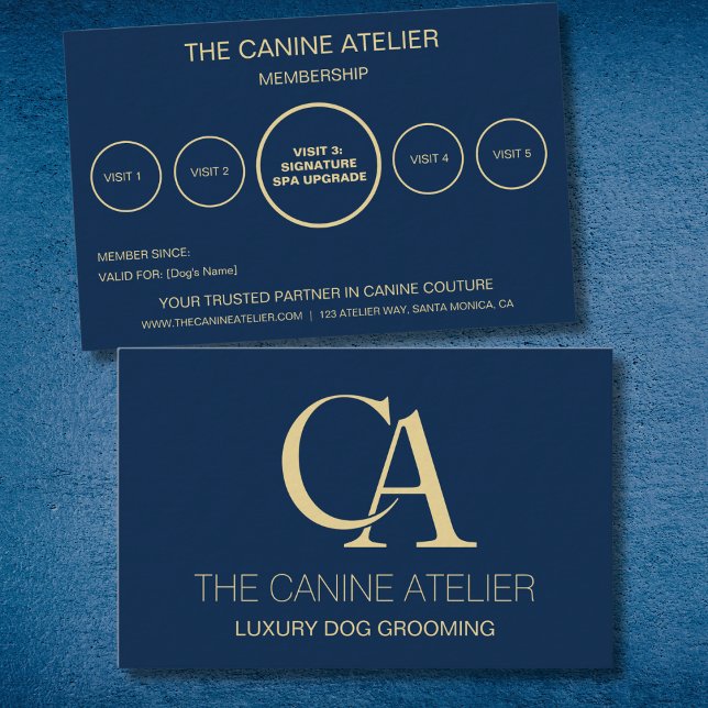 Carte De Visite Dog Grooming Business Card Atelier Blue & Gold (Dog grooming business card for luxury grooming business. Works as  membership and loyalty card)