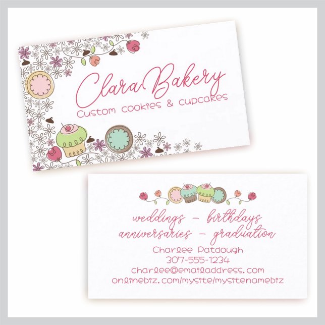 Carte De Visite Doodles cookies cupcakes fleurs boulangerie bonbon (Créateur téléchargé)