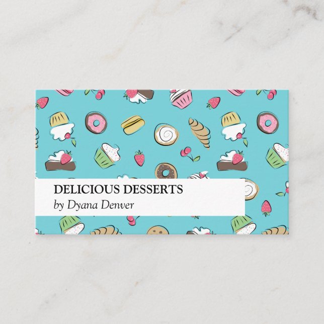 Carte De Visite Doodles de dessert turquoise | Boulangerie (Devant)