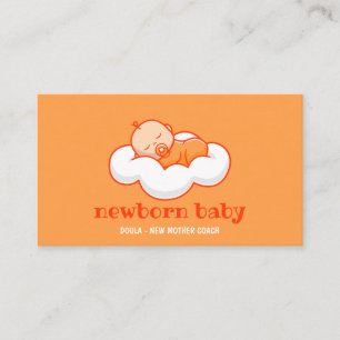 Carte De Visite Doula Nouveau Bébé dormant sur un nuage orange