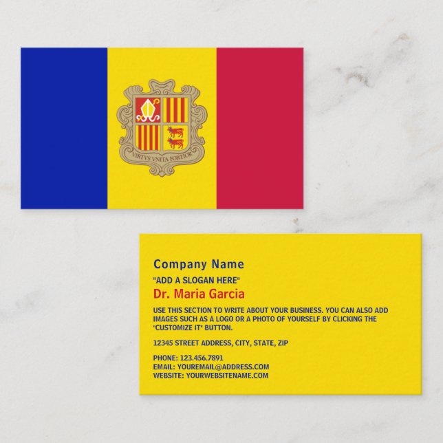 Carte De Visite Drapeau andorran, Drapeau d'Andorre (Devant / Derrière)