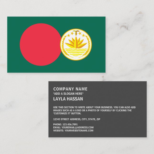 Carte De Visite Drapeau bangladais et emblème national, Bangladesh (Devant / Derrière)