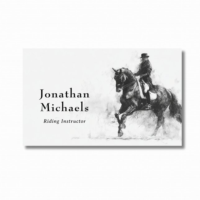 Carte De Visite Dressage professionnel Cheval noir et blanc Croqui (Front - Dressage Professional Black & White Horse Business Card)