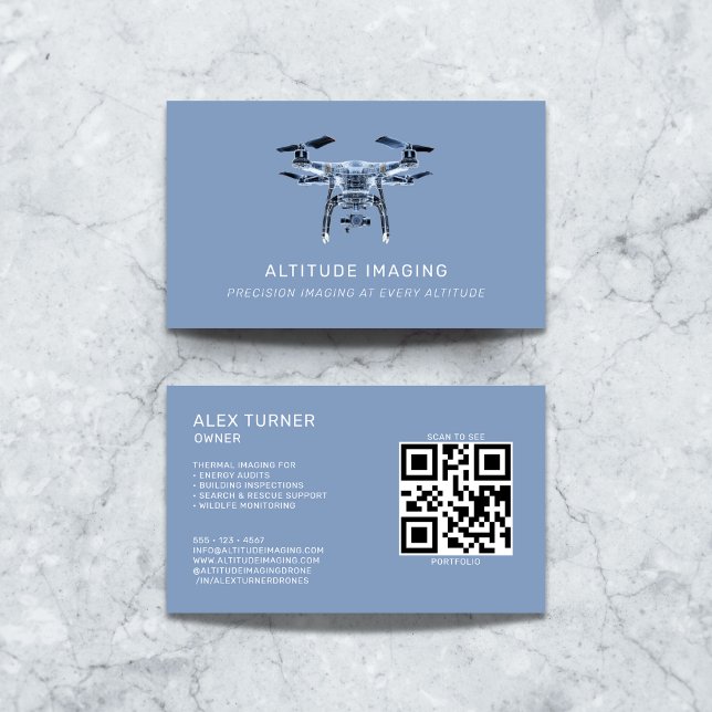 Carte De Visite Drone UAV Pilot Photographie QR Code moderne bleu (Créateur téléchargé)