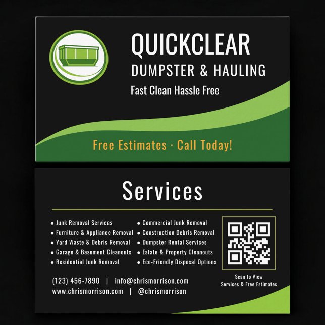 Carte De Visite Dumpster and Hauling Professional QR Code (Créateur téléchargé)