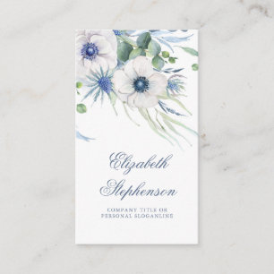 Carte De Visite Dusty Blue Floral Greenery Anemone et Eucalyptus