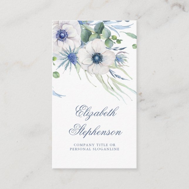 Carte De Visite Dusty Blue Floral Greenery Anemone et Eucalyptus (Devant)