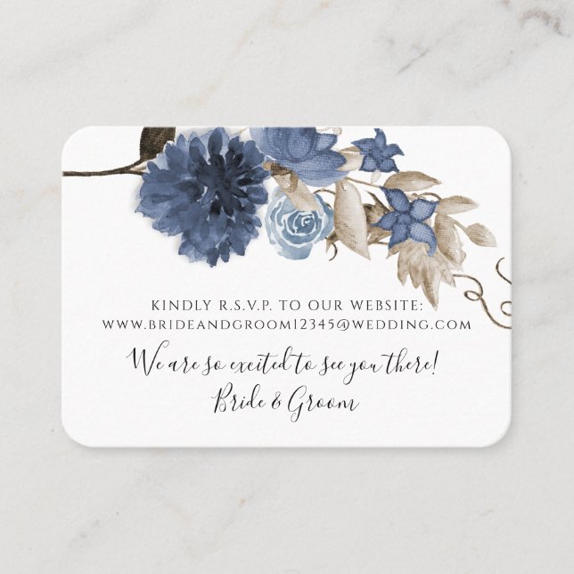Carte De Visite Dusty Blue Navy Floral Élégant Mariage de verdure (Devant)