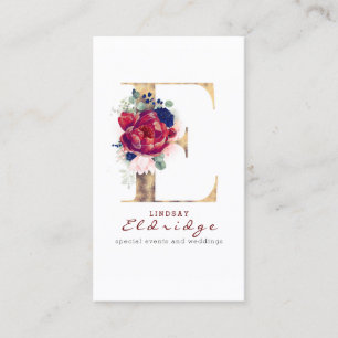 Carte De Visite E Monogram Burgundy Gold et Navy Blue Floral