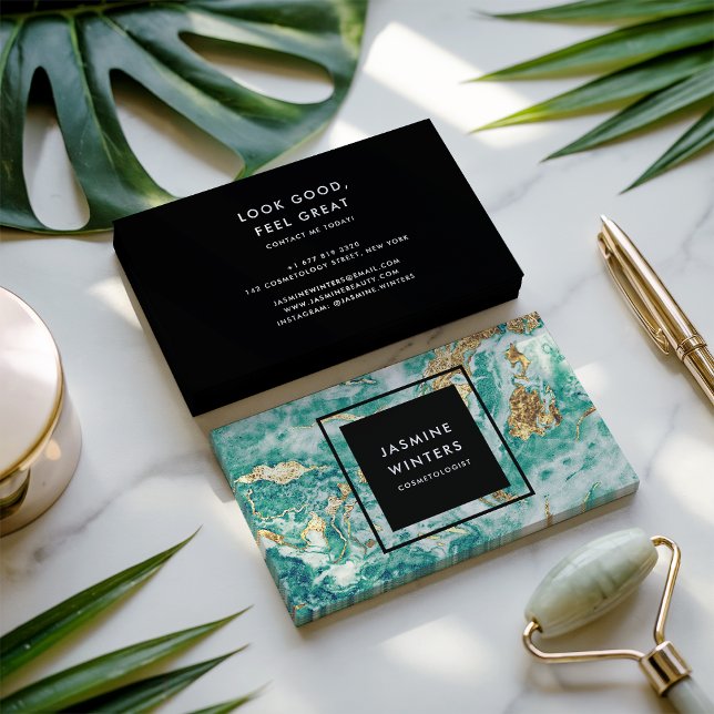 Carte De Visite Eau couleur or bleu turquoise chic (Gold foil turquoise marble watercolor chic elegant)