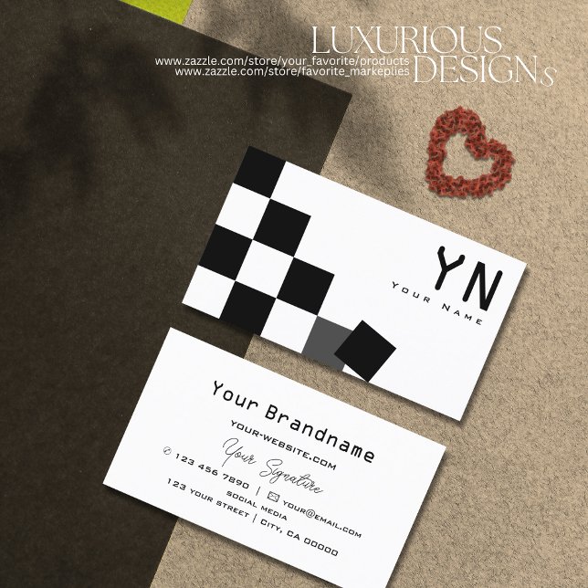Carte De Visite Echecboard noir et blanc avec Monogramme Moderne (Créateur téléchargé)