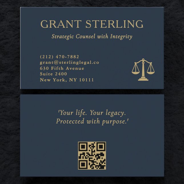 Carte De Visite Échelles de Justice Marine Bleu Or Code QR Légal (Créateur téléchargé)