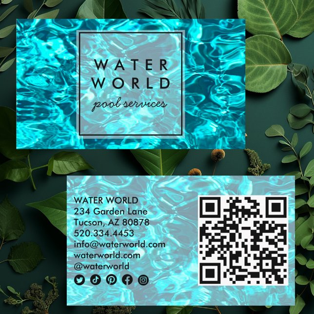 Carte De Visite Écluses d'eau Service de piscine Photo Code QR (Pool sparkles photography custom business cards. Social media icons and Qr code)