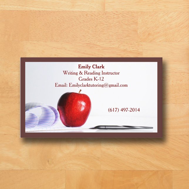 Carte De Visite École Enseignante Code QR Marron Pomme Rouge   (Brown Business Card for Teacher )