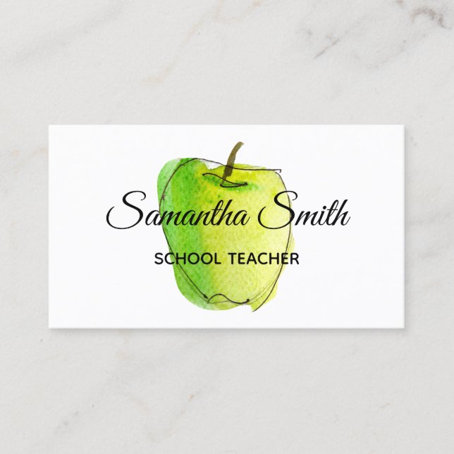 Carte De Visite Ecole Green Ombre Watercolor Apple Teacher (Devant)