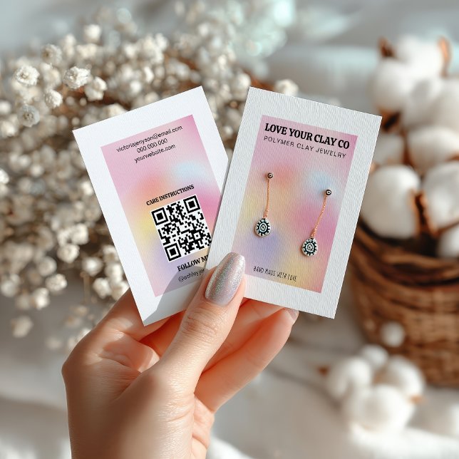 Carte De Visite Écran d'oreille Pastel Holographique QR Code Moder (Modern Pastel Holographic QR Code Earring Display Business Card)