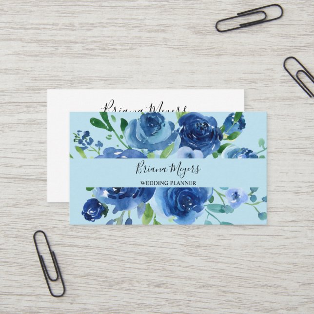 Carte De Visite Écriture florale moderne aquarelle bleu marine (Devant/Arrière en situation)