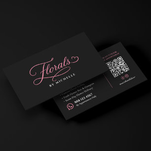 Carte De Visite Écriture Florales Élégantes Fleuriste Noir Rose