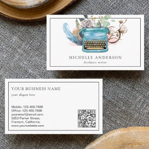 Carte De Visite Écrivain de code QR de machine à écrire bleue vint