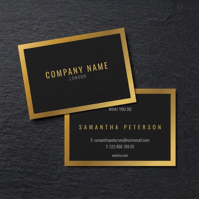 Carte De Visite Effet or, épaisse bordure dorée sur fond noir (Gold effect, thick gold border black background business card.)