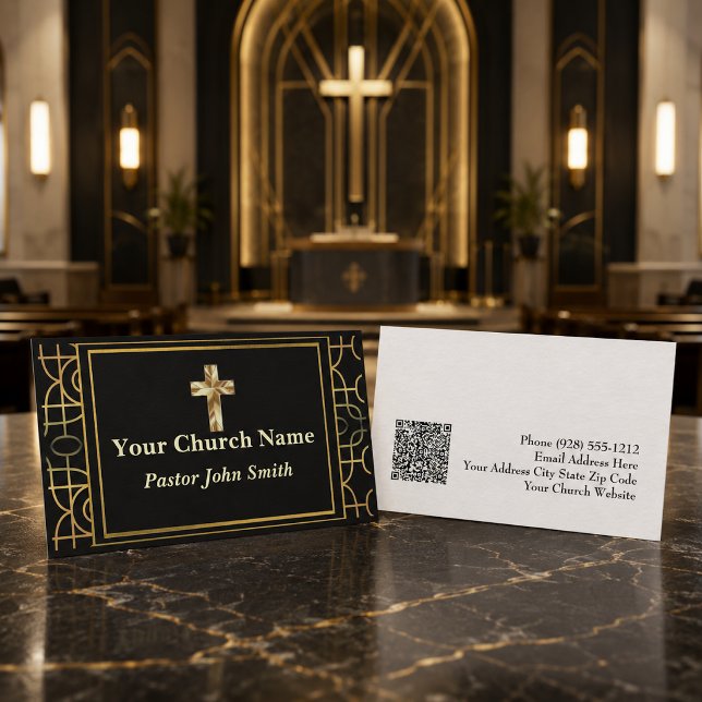 Carte De Visite Église Art Déco Pasteur Bordure Dorée (The gold effects are simulated in this artwork, no metal is used to make this card.)