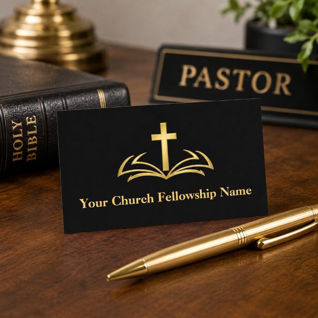 Carte De Visite Église Pasteur Logo Croix Bible Ouverte Or (Gold effect is simulated in the artwork, no foil/metal is used in this product.)