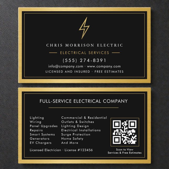 Carte De Visite Electrician Contractor Gold Black Metallic (Créateur téléchargé)