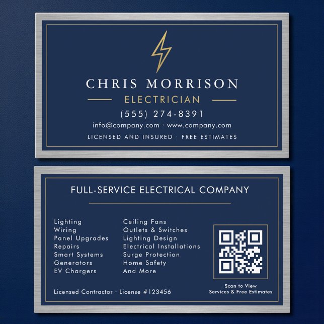 Carte De Visite Electrician Electrical Contractor Metal QR Code (Créateur téléchargé)