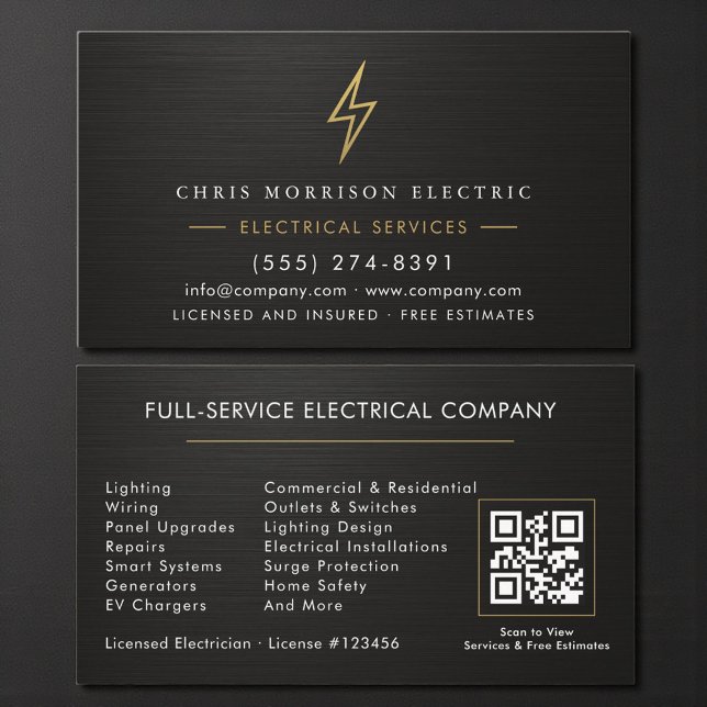 Carte De Visite Electrician Metallic Black Gold Electrical Service (Créateur téléchargé)