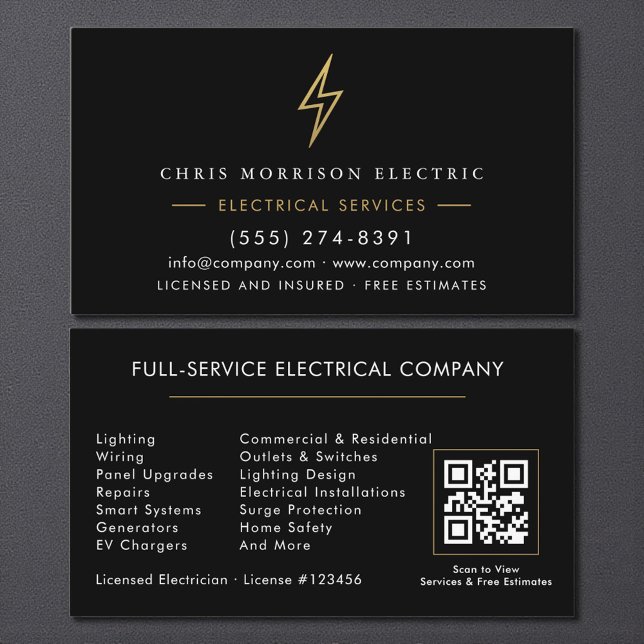 Carte De Visite Electrician – Modern Black Gold Electrical Service (Créateur téléchargé)