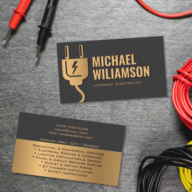 Carte De Visite Électricien agréé Travaux électriques (Electrician services business card with black and gold color scheme, contact details and service lis)