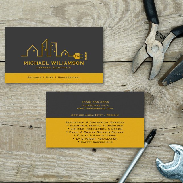 Carte De Visite Électricien agréé travaux électriques (Electrician services business card with black and gold color scheme, contact details and service lis)