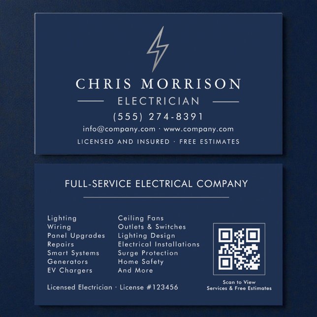 Carte de visite Électricien Code QR Bleu Marine Ar (Créateur téléchargé)
