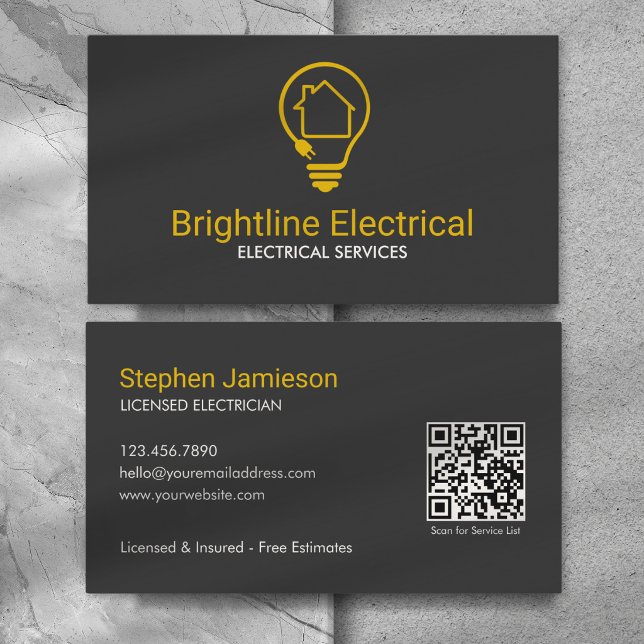 Carte De Visite Électricien Moderne Code QR Noir Jaune (Créateur téléchargé)
