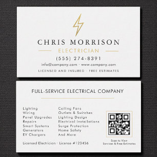 Carte De Visite Électricien Moderne Minimaliste Code QR Blanc Or