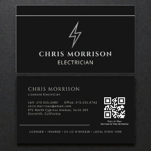 Carte de visite Électricien Noir & Argent Professi