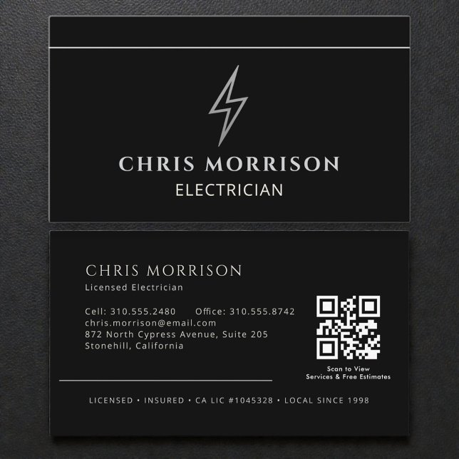 Carte de visite Électricien Noir & Argent Professi (Créateur téléchargé)