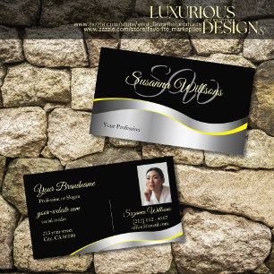 Carte De Visite Élégance Noir Vave Argent Décor Initiales Photo