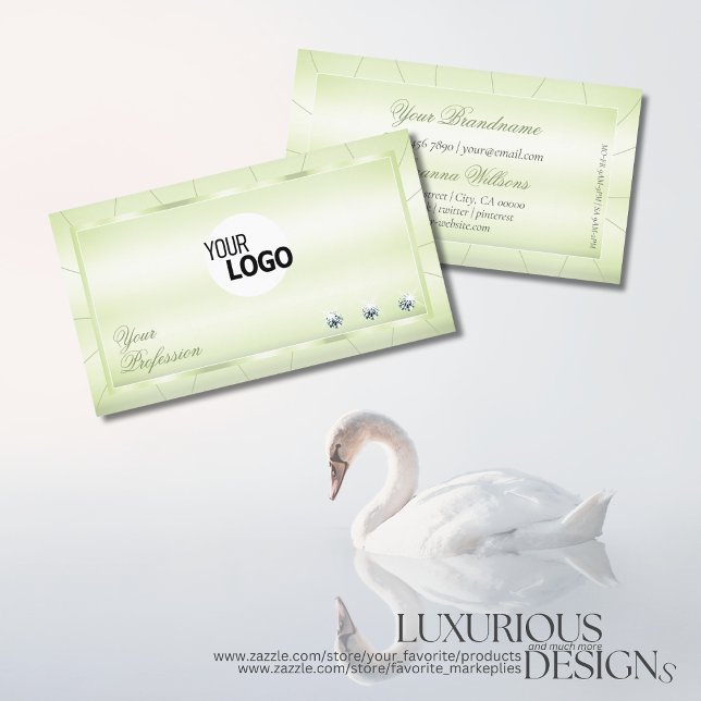 Carte De Visite Elegance Pastel Green avec Diamants et Logo Luxe (Créateur téléchargé)