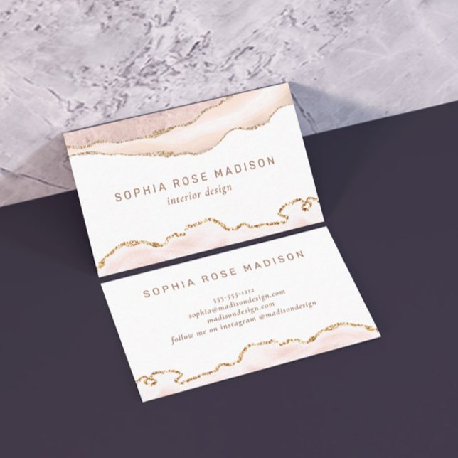 Carte De Visite Elégant Agate Marbre Aquarelle Coral Or (Créateur téléchargé)