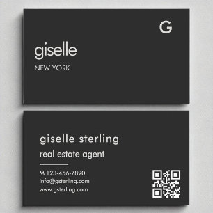 Carte De Visite Élégant agent immobilier noir QR Code Monogramme