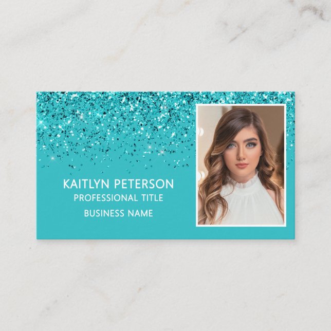 Carte De Visite Elegant Aqua Glitter Photo QR Code  (Devant)