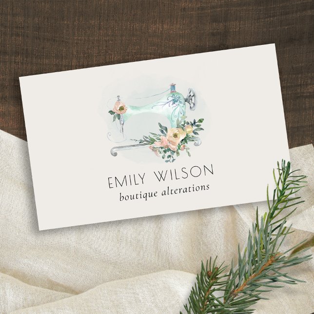 Carte De Visite Elégant Aqua Grey Machine à coudre Cuisine florale (Créateur téléchargé)